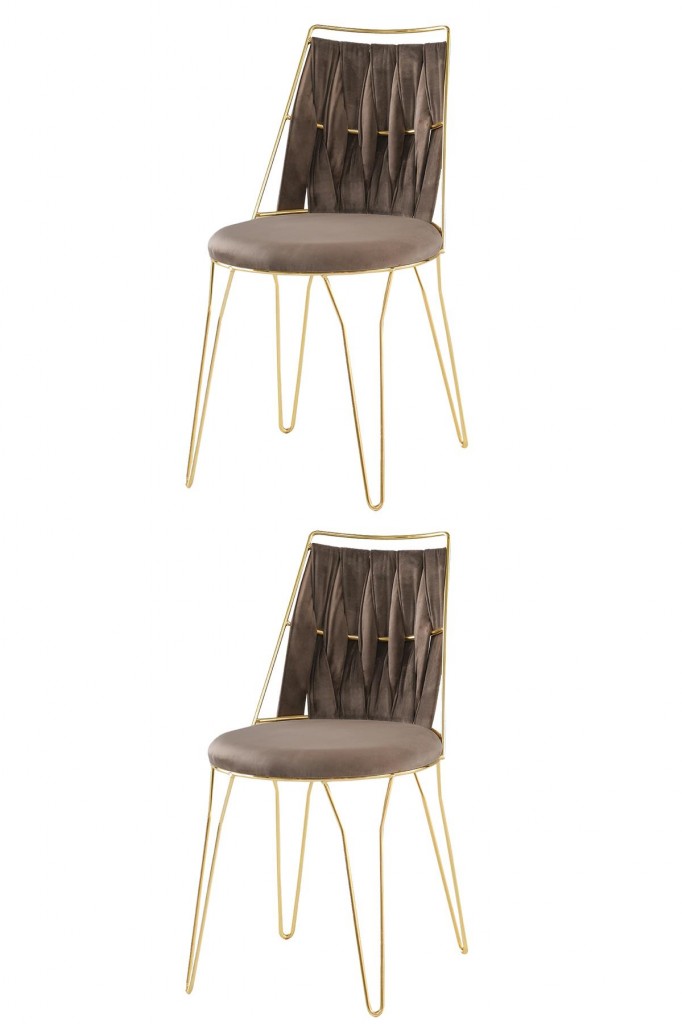 2 Adet Ada Örgülü  Sandalye Kahve Metal Gold  Mutfak Salon Yemek Odası Sandalyesi
