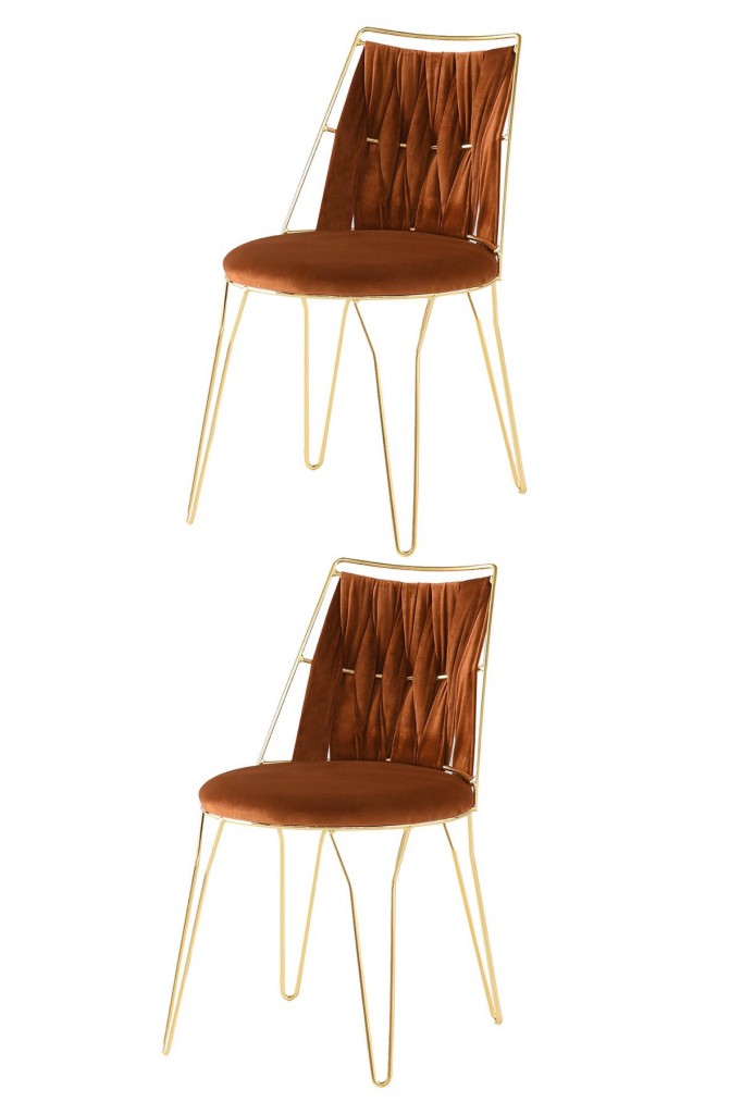 2 Adet Ada Örgülü  Sandalye Kiremit Metal Gold  Mutfak Salon Yemek Odası Sandalyesi
