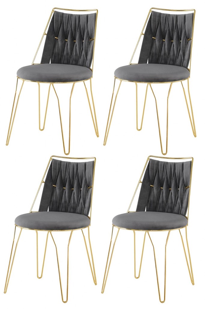 4 Adet Ada Örgülü  Sandalye Gri Metal Gold  Mutfak Salon Yemek Odası Sandalyesi