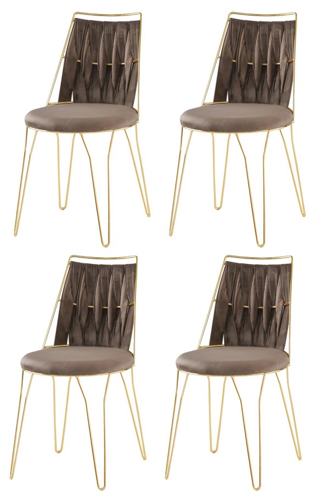4 Adet Ada Örgülü  Sandalye Kahve Metal Gold  Mutfak Salon Yemek Odası Sandalyesi