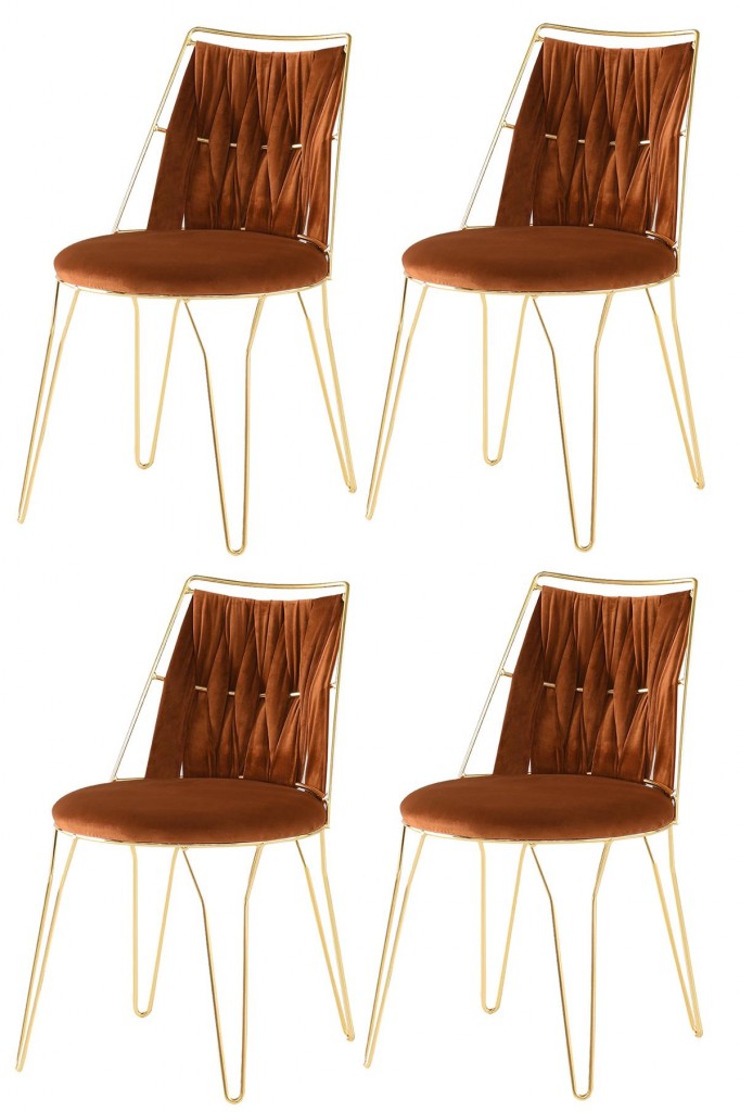 4 Adet Ada Örgülü  Sandalye Kiremit Metal Gold  Mutfak Salon Yemek Odası Sandalyesi
