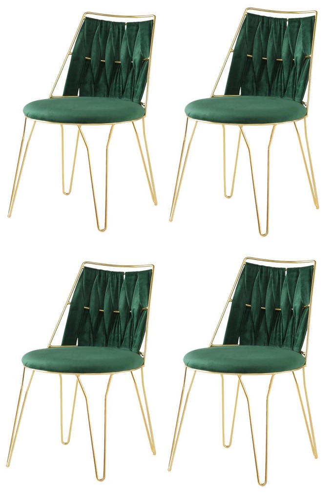 4 Adet Ada Örgülü  Sandalye Yeşil Metal Gold  Mutfak Salon Yemek Odası Sandalyesi