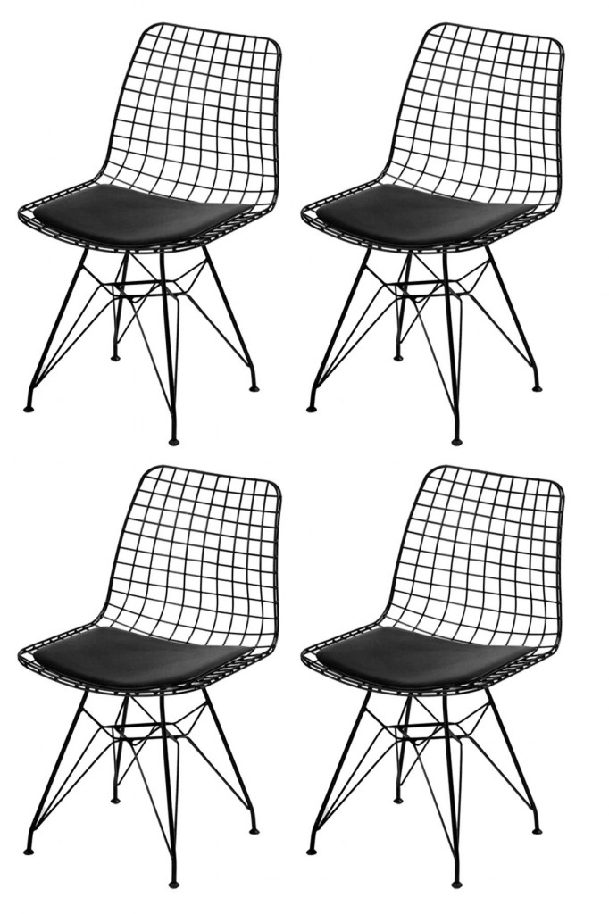 4 Adet Tel Sandalye Metal Siyah Mutfak Salon Yemek Odası Sandalyesi