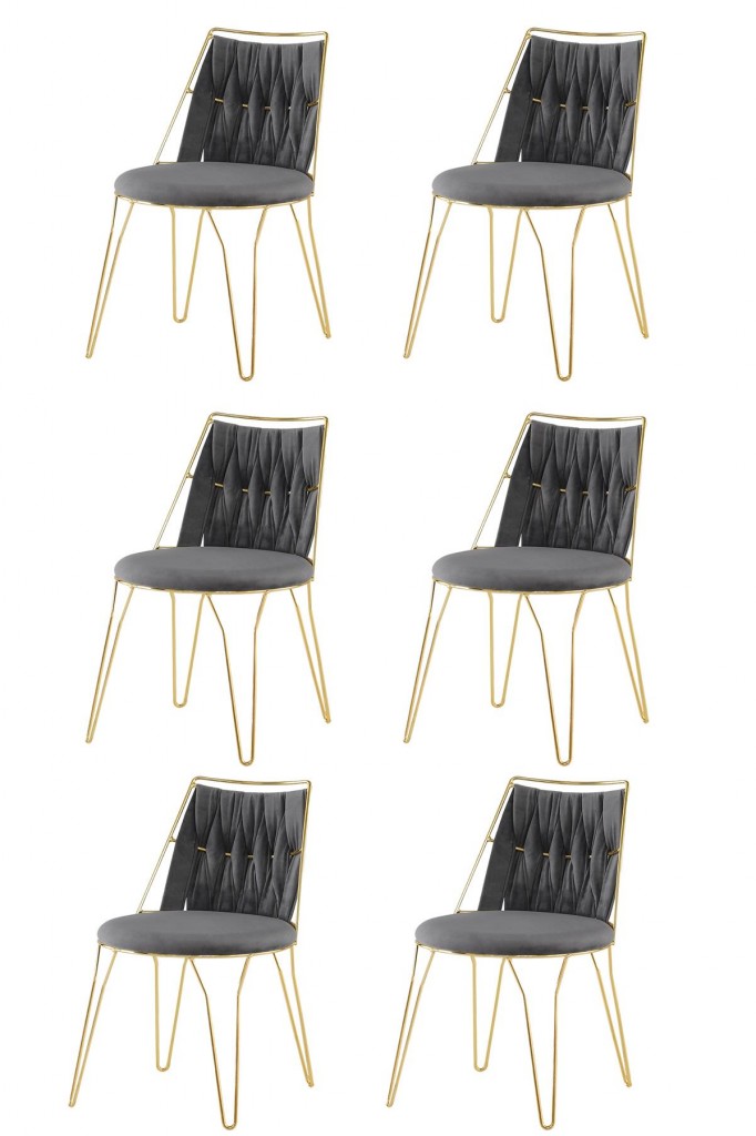 6 Adet Ada Örgülü  Sandalye Gri Metal Gold  Mutfak Salon Yemek Odası Sandalyesi
