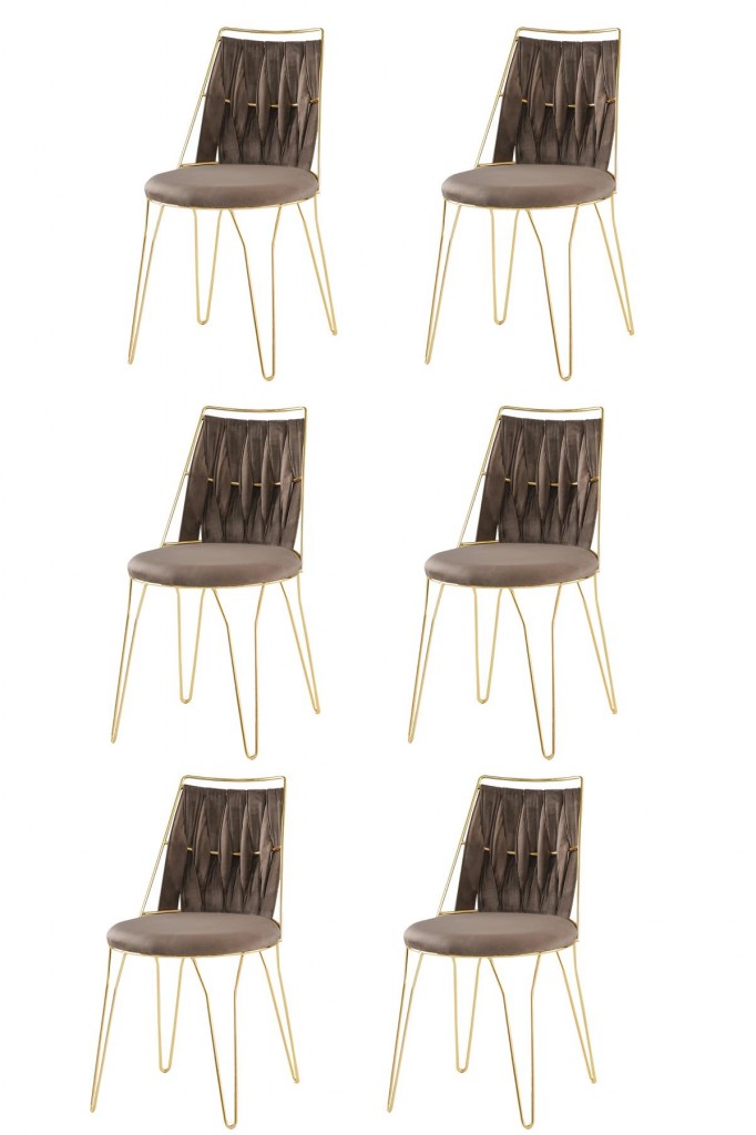 6 Adet Ada Örgülü  Sandalye Kahve Metal Gold  Mutfak Salon Yemek Odası Sandalyesi