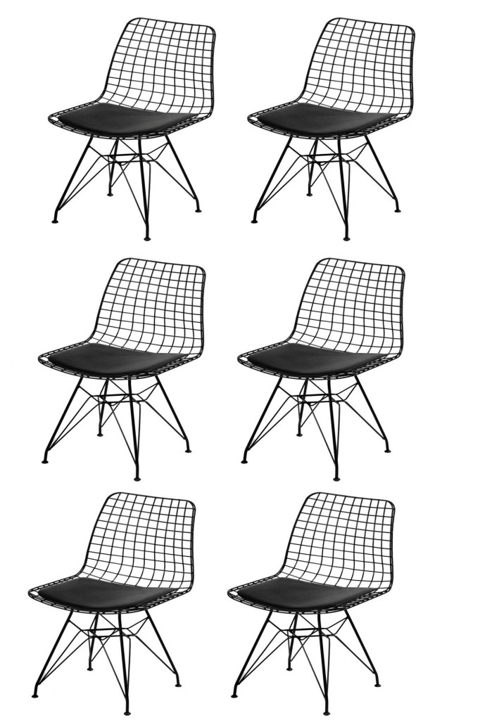 6 Adet Tel Sandalye Metal Siyah Mutfak Salon Yemek Odası Sandalyesi