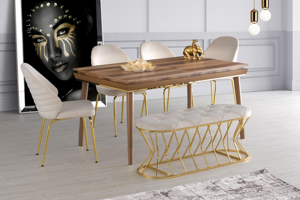 Açılır Roma Salon Masası  Empoli Desen + 4 Adet Dolce Sandalye +1 Bench Puf