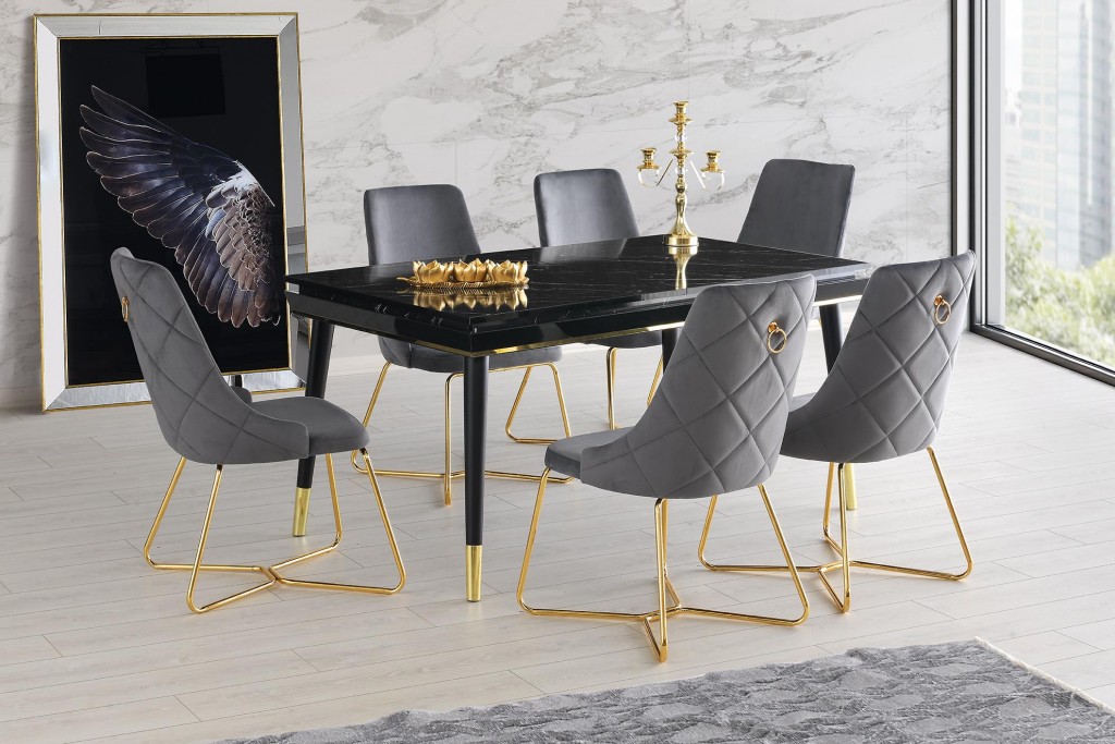 Açılır Roma Salon Masası  Siyah Mermer Desen + 6 Adet Alya Sandalye  Gold Metal Ayak