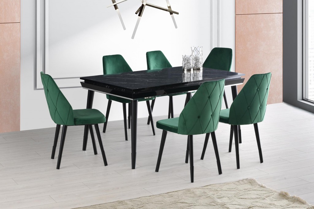 Açılır Roma Salon Masası  Siyah Mermer Desen + 6 Adet Hira Sandalye  Ahşap Ayak