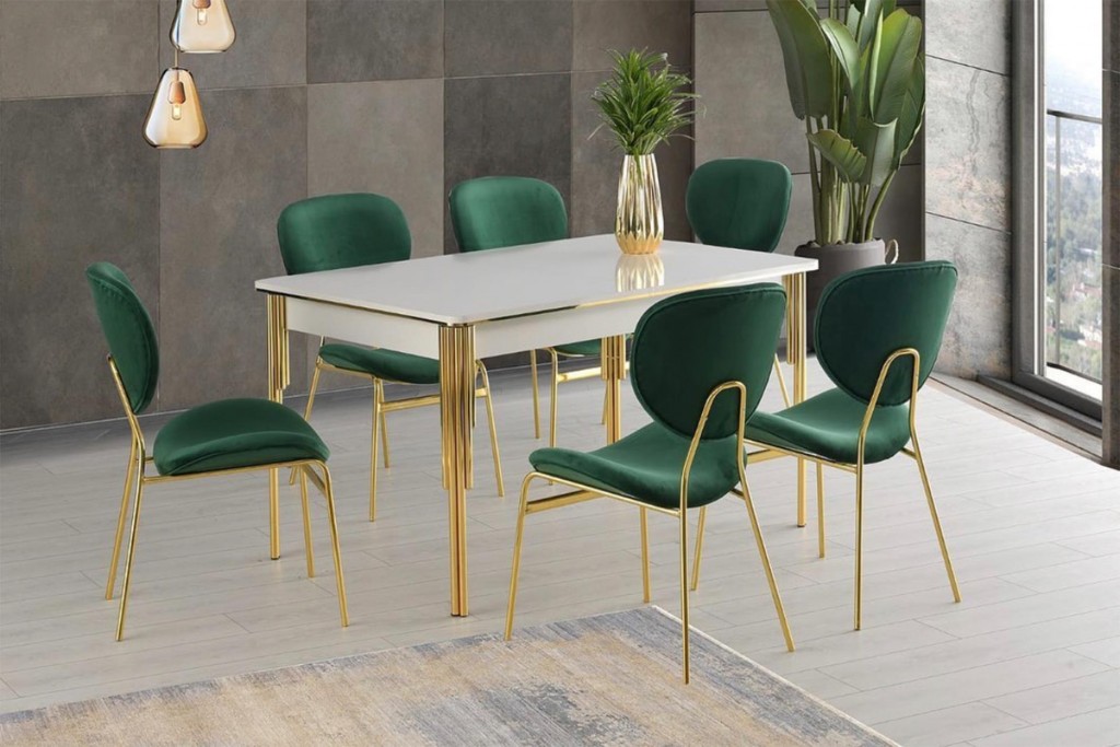 Açılır Sahra Salon Masası  Ekru Desen + 6 Adet Teo Sandalye  Gold Metal Ayak