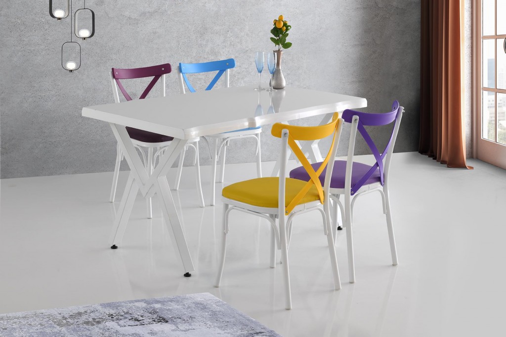 Kütük Mdf Masa Beyaz 4 Adet Renkli Bahar Çapraz Sandalye
