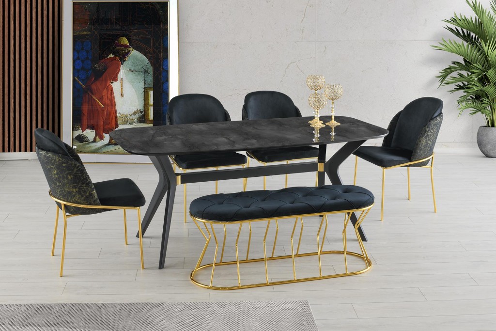 Sabit Eliz Masa Salon Masası  İrony H.g Desen + 4 Adet Limon Sandalye Gold +1 Bench Puf  Gold