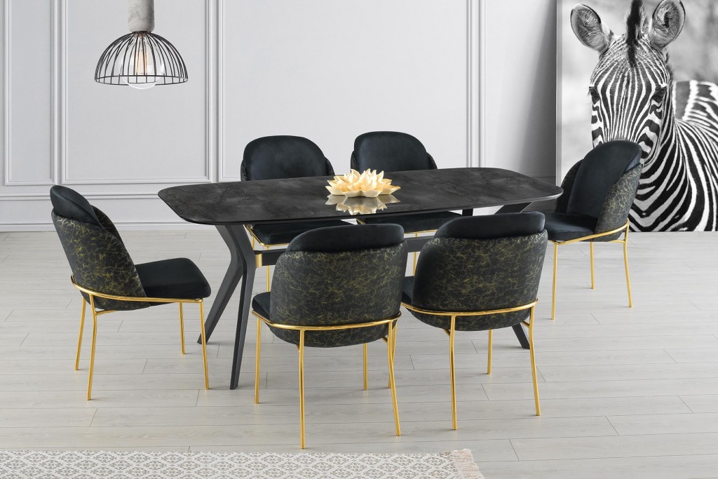 Sabit Eliz Masa Salon Masası  İrony H.g Desen  6 Adet Limon Sandalye Gold