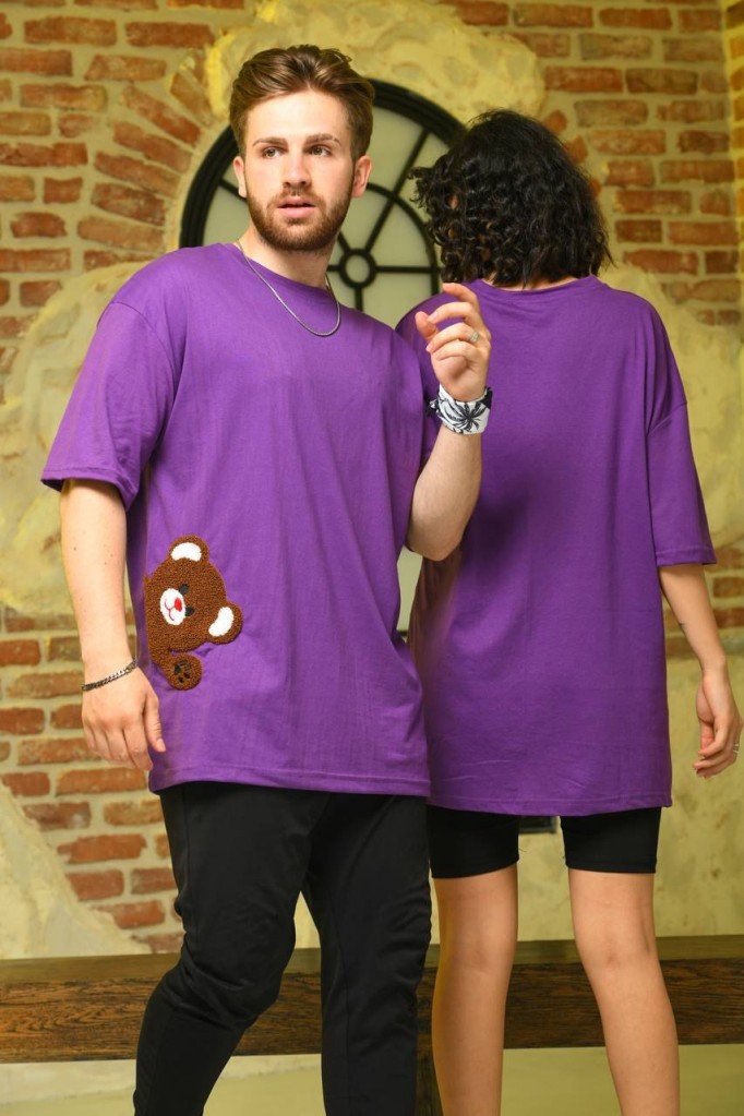 Sevgili Kombini Unicex Çift Tişört Peluş Detay Mor