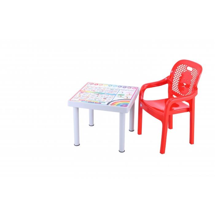 Sağlam Plastik Mandella Rubi İngilizce Desenli Çocuk Masası 1 Adet Rubi Çocuk Koltuk Kırmızı