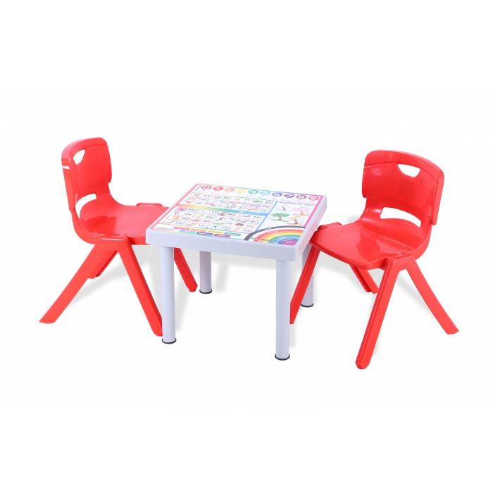 Sağlam Plastik Mandella Rubi İngilizce  Desenli Çocuk Masası 2 Adet Nova Büyük Çocuk Koltuk Kırmızı
