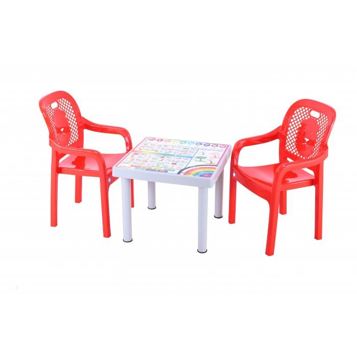 Sağlam Plastik Mandella Rubi İngilizce Desenli Çocuk Masası 2 Adet Rubi Çocuk Koltuk Kırmızı