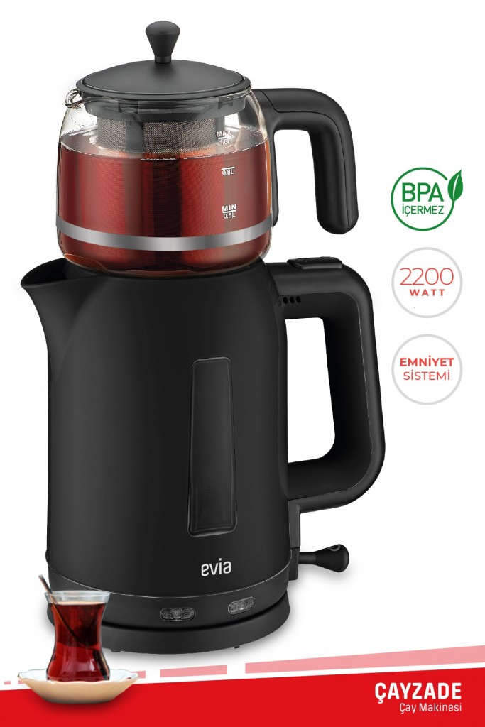 Evia Çayzade Siyah 2200 Watt Cam Demlikli Bpa Içermeyen Çay Makinesi Ve Su Isıtıcısı-Ea-4308S