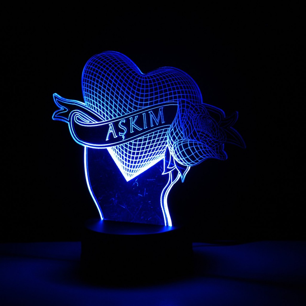 Aşkım Yazılı Kalp Gül 3D Lamba