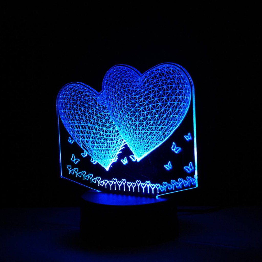 Kelebekli İki Kalp 3D Lamba