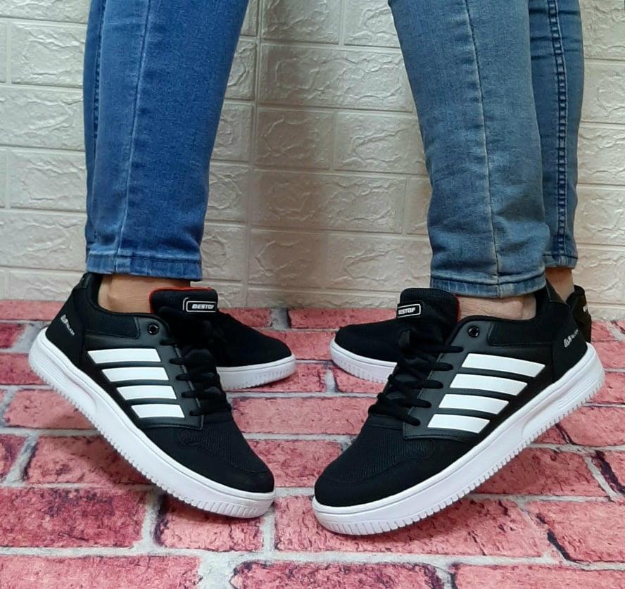 Bestof 074 Siyah-Beyaz Sneaker Düz Taban Hafif Rahat Spor Çift Ayakkabısı