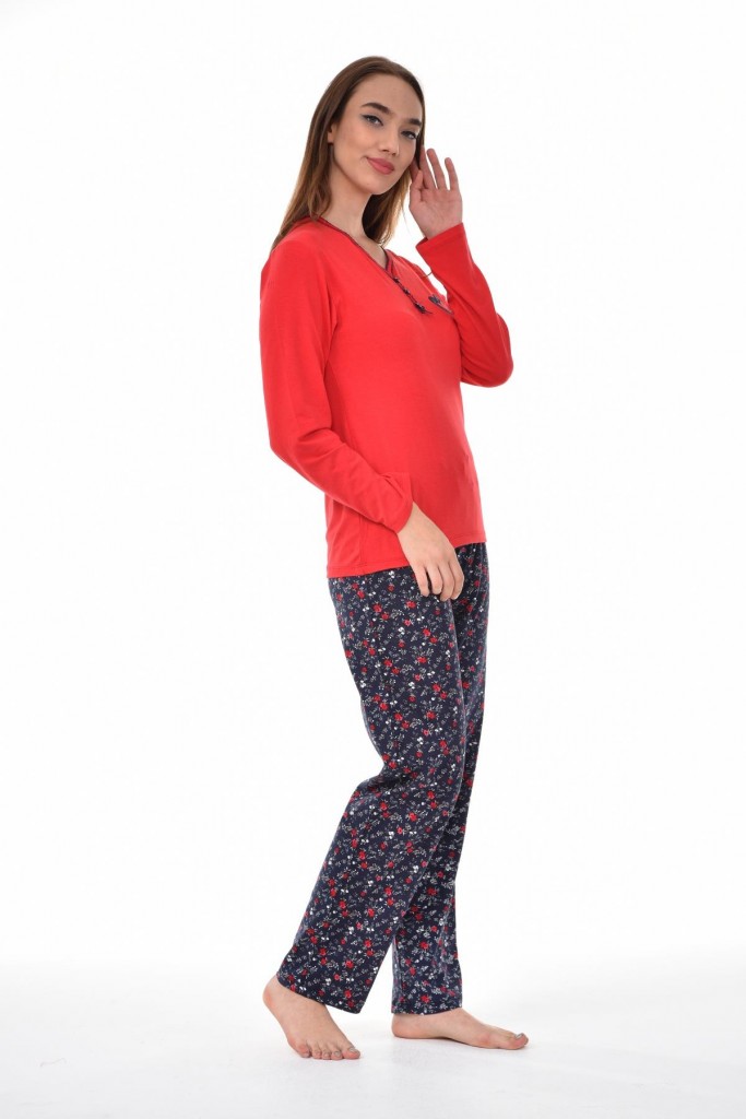 Kadın Pijama Takımı Uzun Kollu Pamuklu V Yakalı Kırmızı Anna29