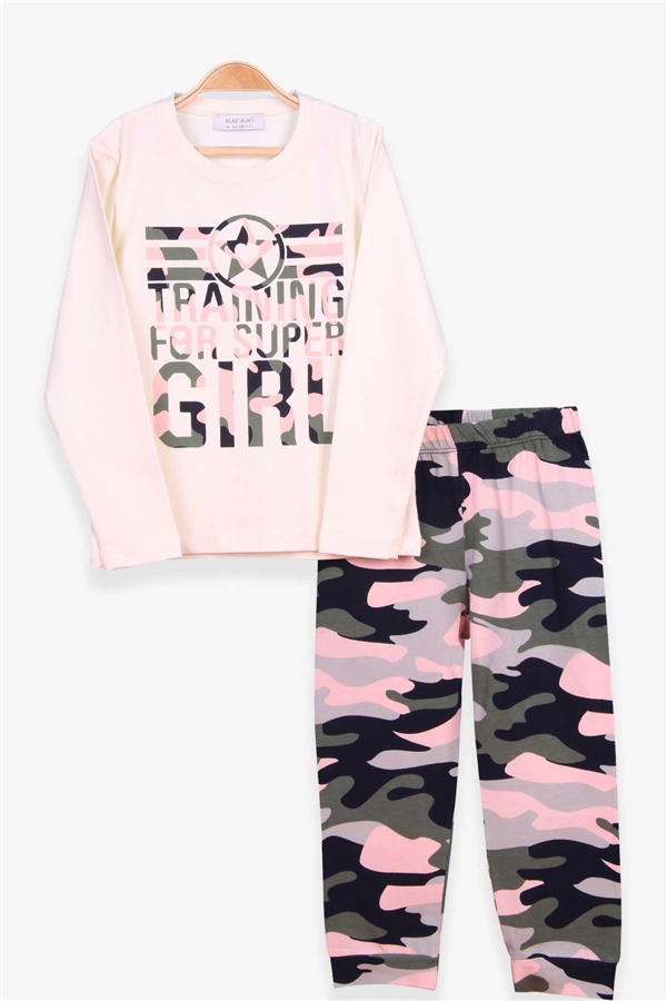 Kız Çocuk Br Pijama Takımı Kamuflaj Desenli Krem Soft Giyim (3-7 Yaş)