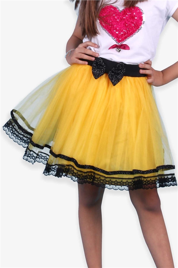 Kiz Çocuk Tütü Etek Fiyonklu Güpürlü Sari Soft Giyim (6-12 Yaş)