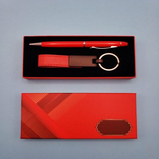 Kırmızı Deri Anahtarlık Kalem Hediyelik Set