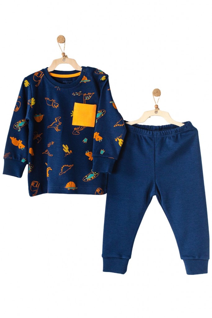 Andywawa Erkek Çocuk Dinazor Temalı Alt Üst Lacivert Pijama Takımı Ac23404