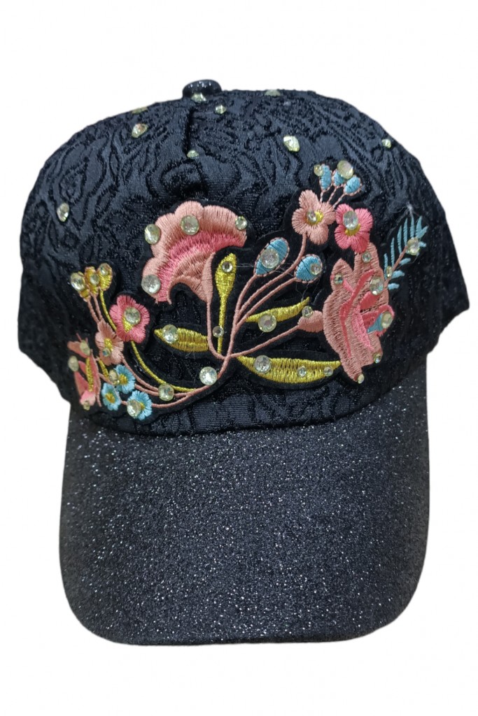 Bayan Çiçek Desenli Simli Şapka Siyah