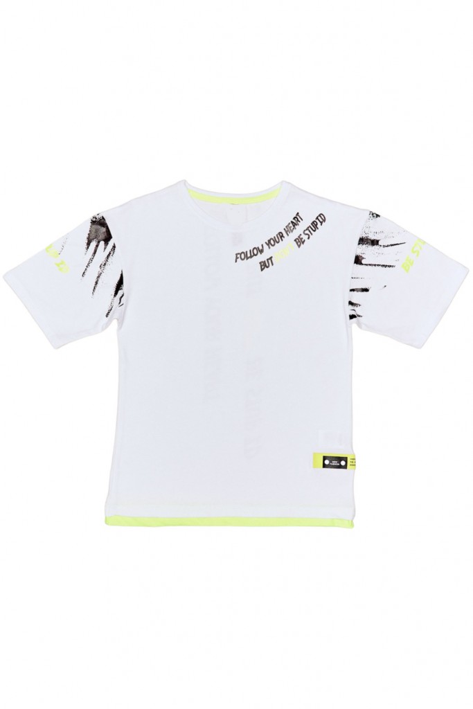 Erkek Çocuk Çift Taraf Follow Yazı Desenli Likralı Oversize Beyaz Renk Tişört