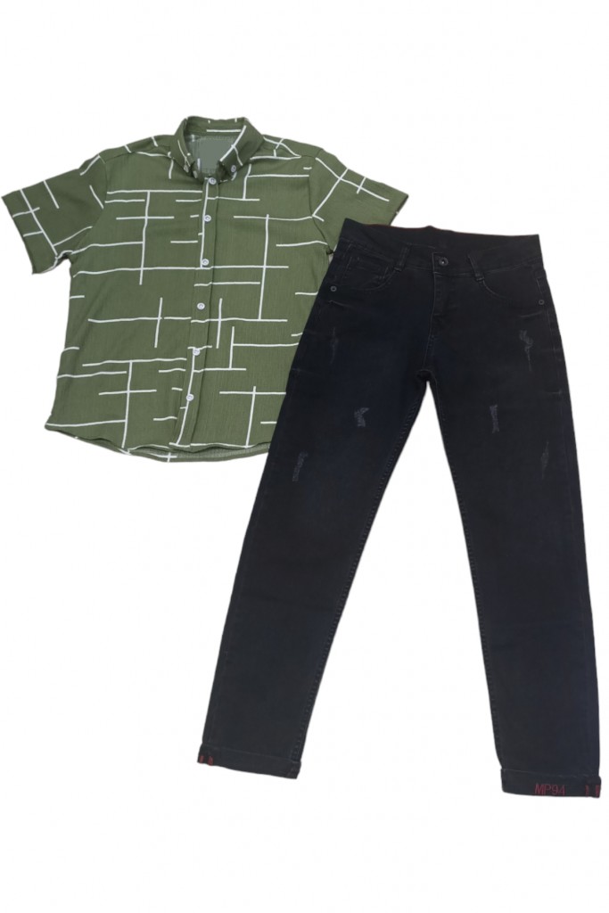 Erkek Çocuk Çizgi Desenli Bürümcük Kumaş Likralı Yeşil Renk Gömlek Siyah Renk Kot Pantolon Takımı