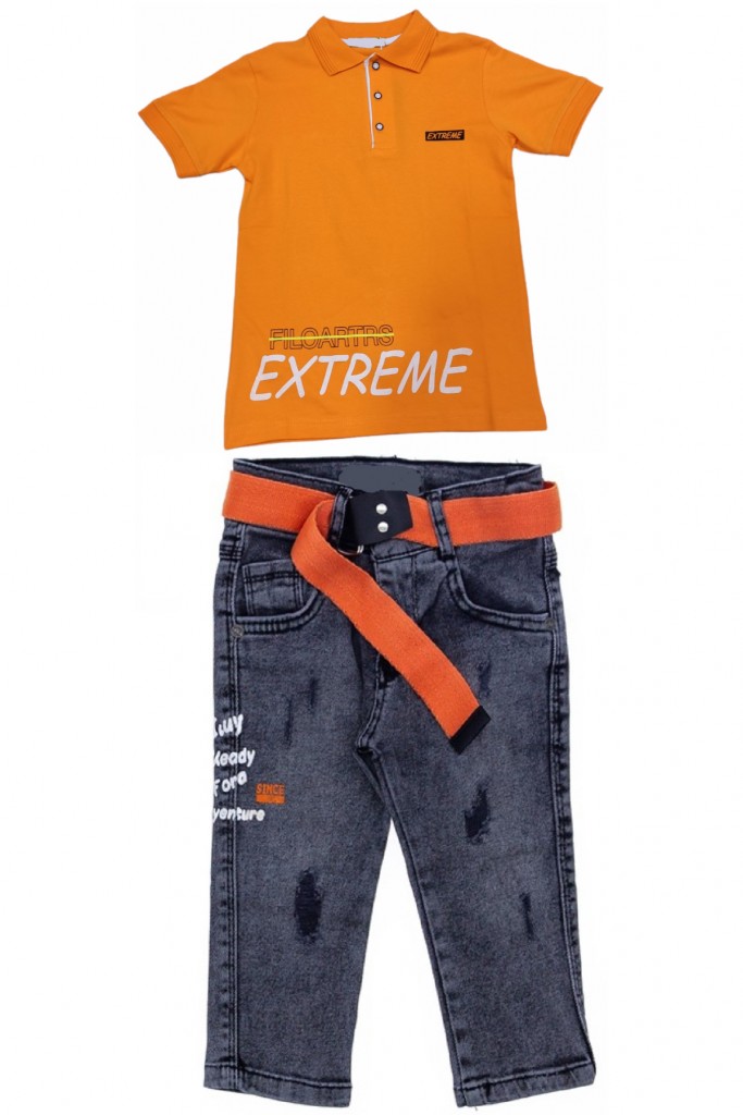 Erkek Çocuk Extreme Yazı Desenli Polo Yaka Tişört Antrasit Renk Kot Pantolon Takımı