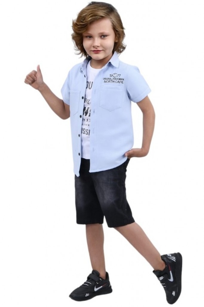 Erkek Çocuk Keten Gömlekli Tişört Şortlu Açık Mavi Renk Üçlü Takım