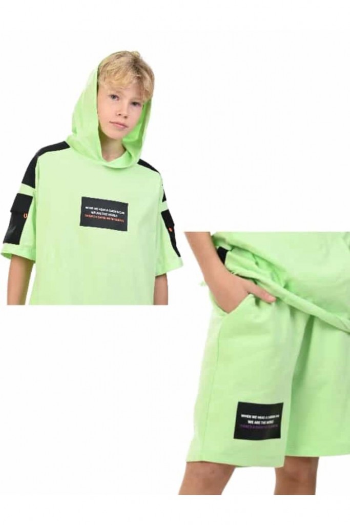 Erkek Çocuk Kolu Cepli Kapüşonlu Oversize Şortlu Takım Yeşil