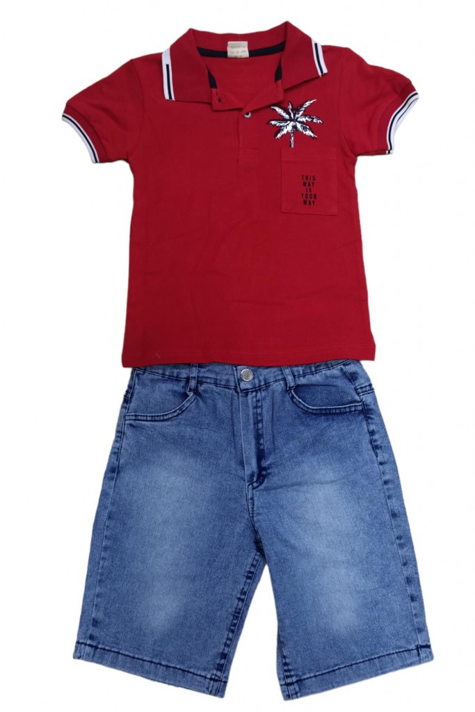 Erkek Çocuk Polo Yaka Tişört Kot Şort Takımı Kırmızı