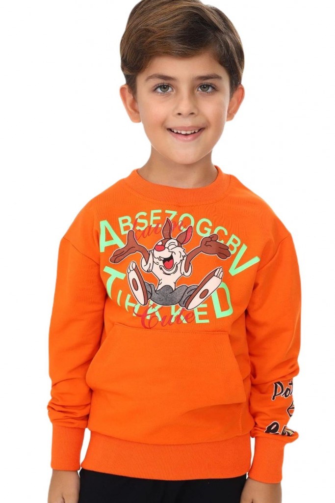 Erkek Çocuk Tavşan Desenli Önü Kolu Sırtı Desenli Kanguru Cepli Turuncu Sweatshirt
