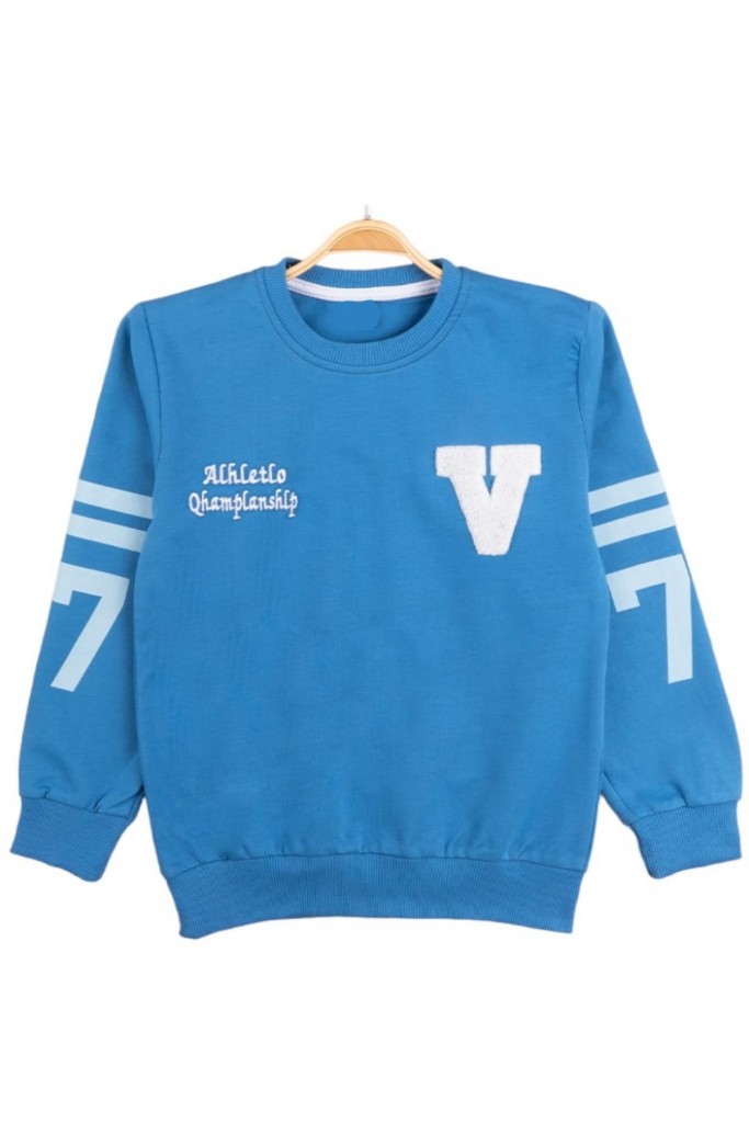 Erkek Çocuk V Nakışlı Kolları Sayı Desenli Mavi Sweatshirt