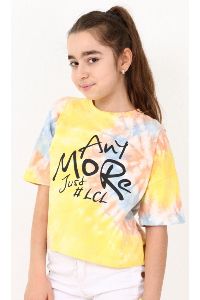 Kız Çocuk Any More Yazı Desenli Batik Crop Tişört Sarı