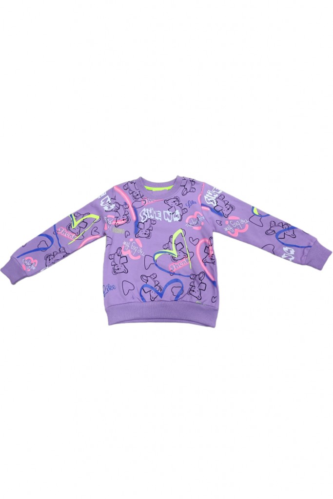 Kız Çocuk Ayıcıklı Fosfor Desenli Sweatshirt