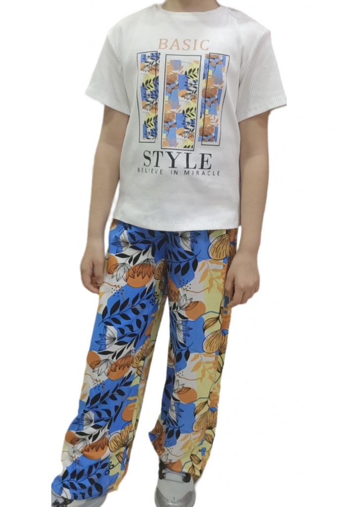 Kız Çocuk Basic Style Yazı Desenli Pantolonlu Mavi Renkli Takım