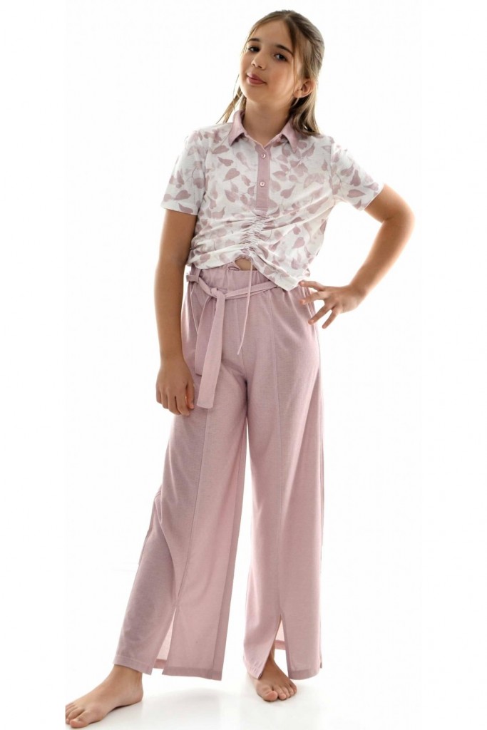 Kız Çocuk Büzgülü Tişört Bol Paça Pantolonlu Takım