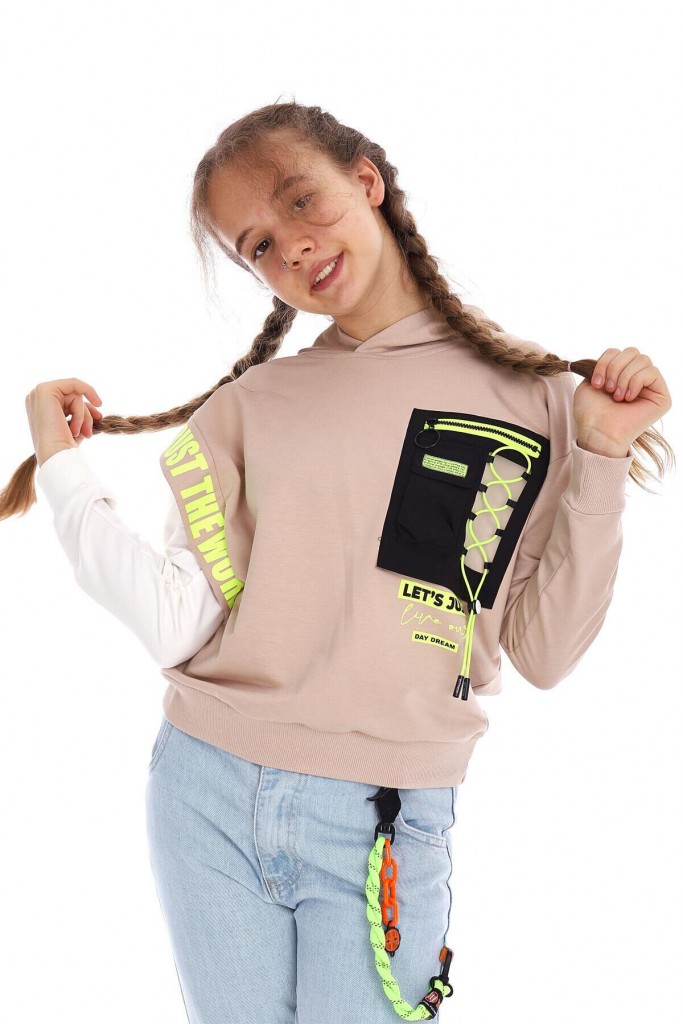 Kız Çocuk Cep Ve Kol Detaylı Kapüşonlu Kısa Sweatshirt