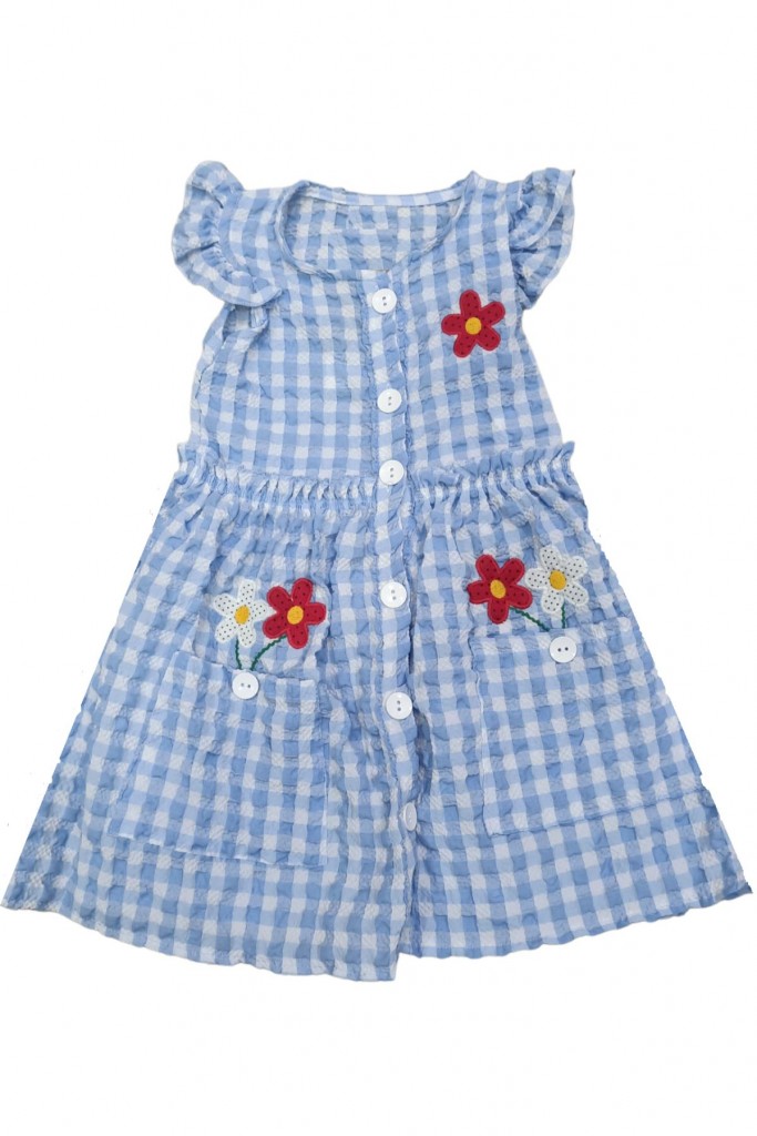 Kız Çocuk Çiçek Gofre Desenli Cepli Bürümcük Kumaş Düğmeli Mavi Elbise