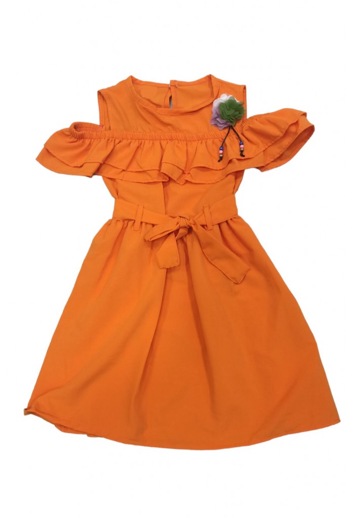 Kız Çocuk Çift Fırfırlı Çiçek Broşlu Beli Kuşaklı Aerobin Elbise