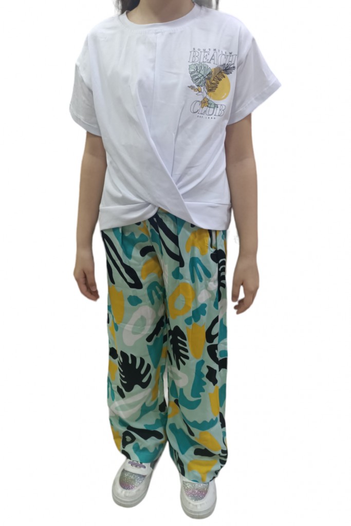 Kız Çocuk Çift Taraf Beach Club Desenli Önü Büzgülü Renkli Pantolonlu Beyaz Renk