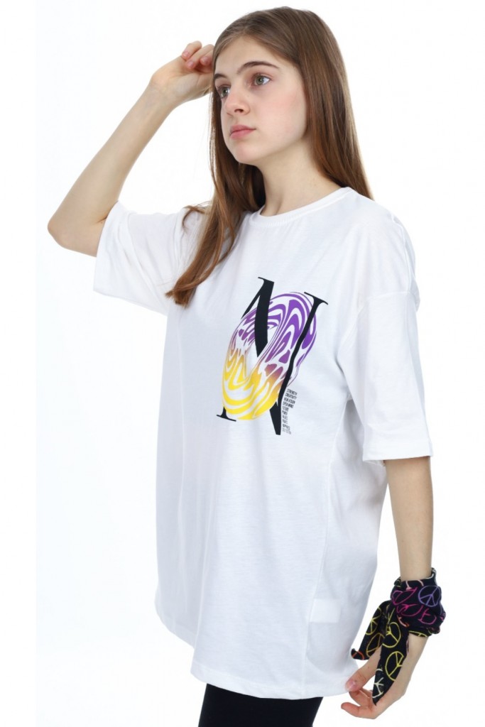 Kız Çocuk /Erkek Çocuk N Harf Desenli Önü Arkası Baskılı Likralı Oversize Beyaz Renk Tişört
