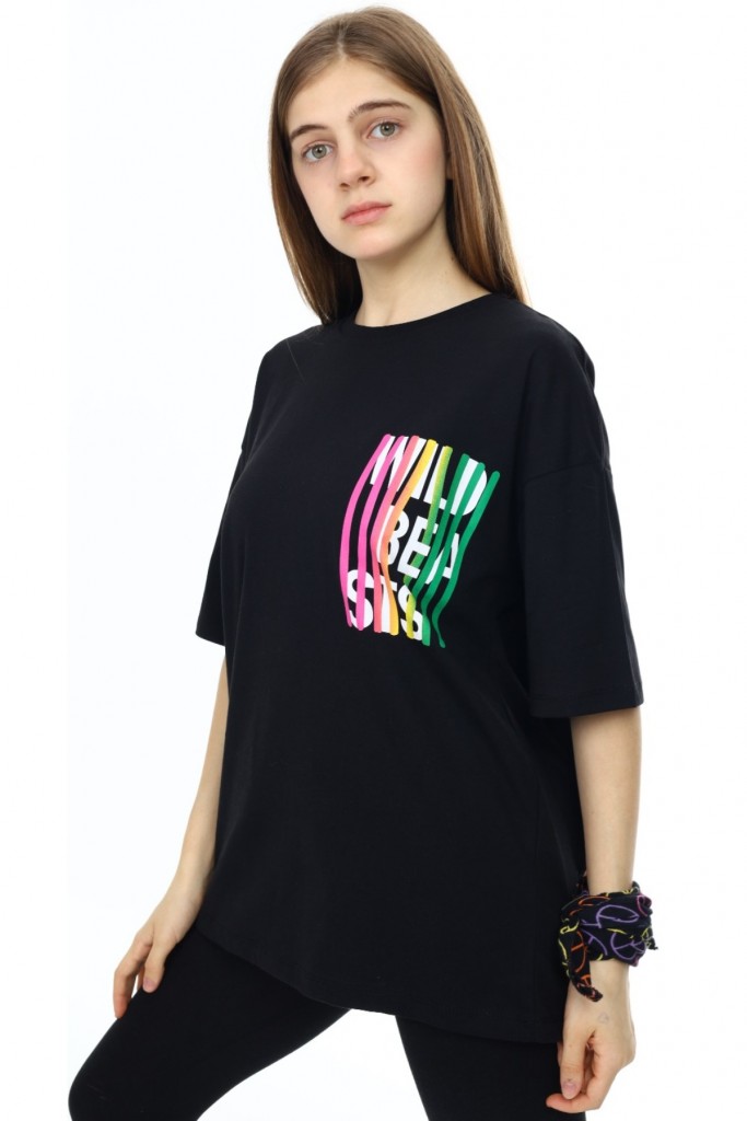 Kız Çocuk /Erkek Çocuk Wild Beasts Desenli Önü Arkası Baskılı Likralı Oversize Siyah Renk Tişört