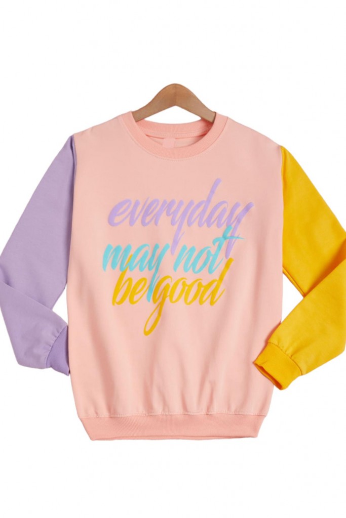 Kız Çocuk Everyday Yazı Desenli Kolları Renk Bloklu Somon Sweatshirt